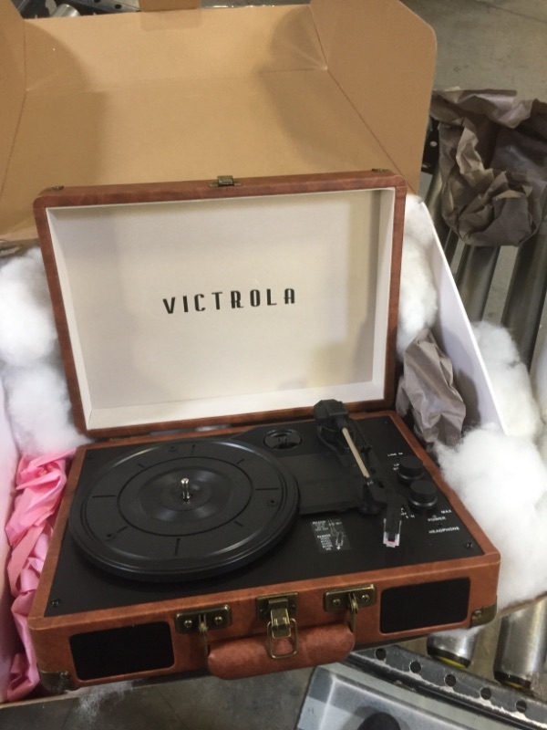 Photo 2 of Victrola Vintage 3-Speed Bluetooth Portable Suitcase Record Player with Built-in Speakers | Upgraded Turntable Audio Sound| Includes Extra Stylus | Brown
