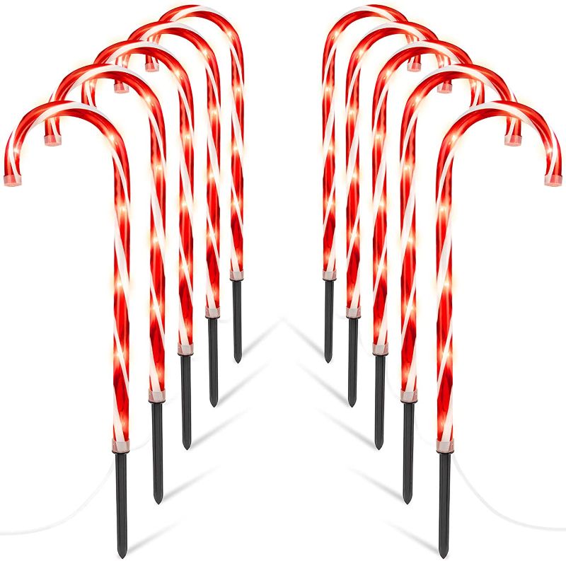 Photo 1 of Candy Cane Pathway Markers Lights with Stake 22 inches Outdoor Christmas Decorations Lights for Holiday Xmas Indoor Yard Patio Garden Walkway, 10 Packs
