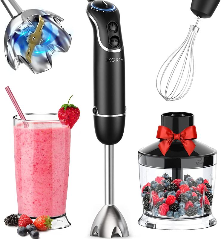 Photo 1 of KOIOS 800-Watt/ 12-Speed Immersion Hand Blender(Titanium Reinforced), Turbo for Finer Results, 4-in-1 Set Includes BPA-Free Food Chopper / Egg Beater / Beaker, Ergonomic Grip, Detachable
