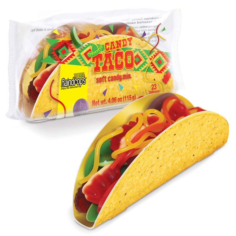 Photo 1 of 3 pack - Raindrops Gummy Candy Taco with 23 Gummy Candies in a Taco Shell - Yummy Gummy Food that Looks Just Like a Taco - 4 Ounces of Gummy Bears, Fruit, Vegetables, Ropes and More - Unique and Edible Gift
best by 8 - 31 - 22 