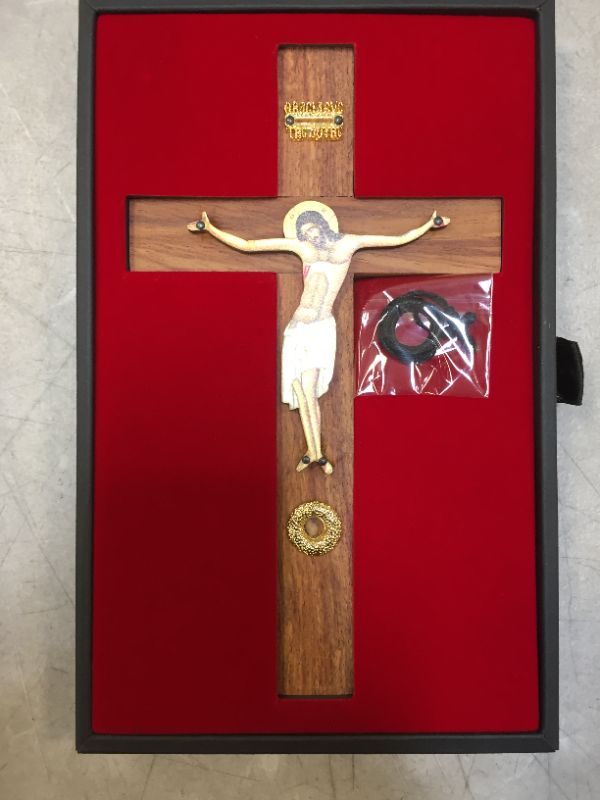 Photo 2 of Wooden Orthodox Wall Cross 7.9”. Crucifixion Hanging Wall Cross with the inscription “O Vasileus tis Doxis” (King of Glory). For Home or Business Decor. Luxury Gift Packaging.
