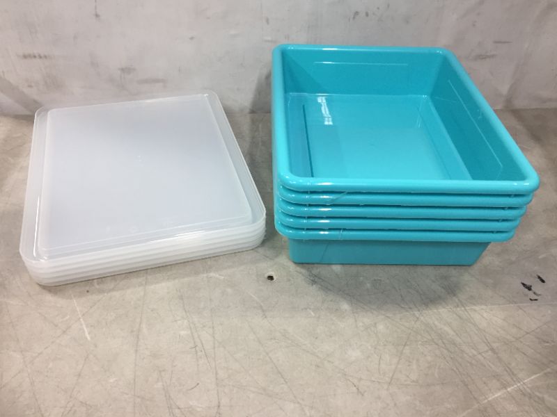 Photo 2 of 
Storex Letter Size Flat Storage Tray – Organizer Bin with Non-Snap Lid for Classroom, Office and Home, Teal, 5-Pack (62541U05C)
