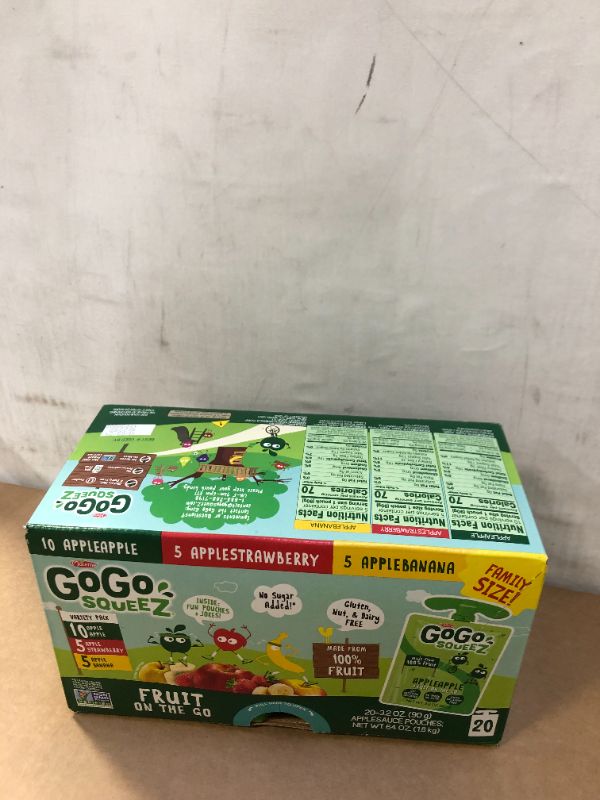 Photo 1 of GoGo squeeZ Applesauce, Variety Apple/Banana/Strawberry - 3.2oz/20ct
EXP--- 11-03-2021