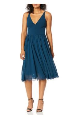 Photo 1 of Dress the Population Women's Alicia Plunging Mix Media Sleeveless Fit and Flare Midi Dress, Medium, Peacock Blue