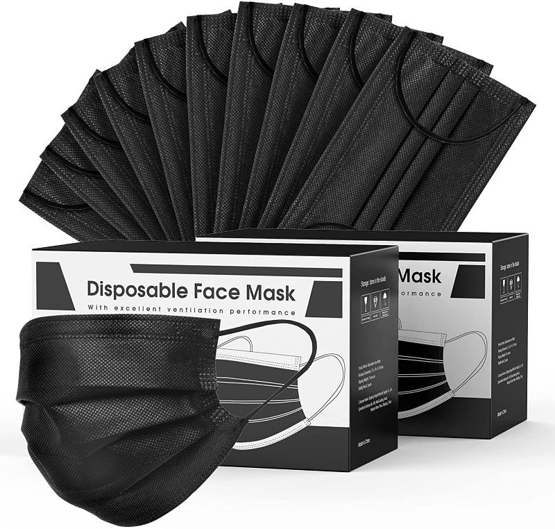 Photo 1 of 100pcs 3 Layers PLY Black Disposable Face Masks, Hyegiir Comfortable Elastic Earloops Face Masks,Sterile and Breathable for Daily Protection Air Pollution, Dust-proof
