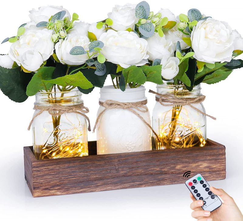 Photo 1 of Fowecelt Mason Jar Lights Centerpiece Decorative Wood Tray with Artificial Rose Flowers, Rustic Country Farmhouse Home Decor for Herb Plants Coffee Table Dining Room Living Room Kitchen Garden
