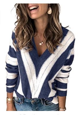 Photo 1 of Asvivid Color Block Striped V Neck Sweater for Women Long Sleeve Knit Pullover Jumper Tops Blue 2XL