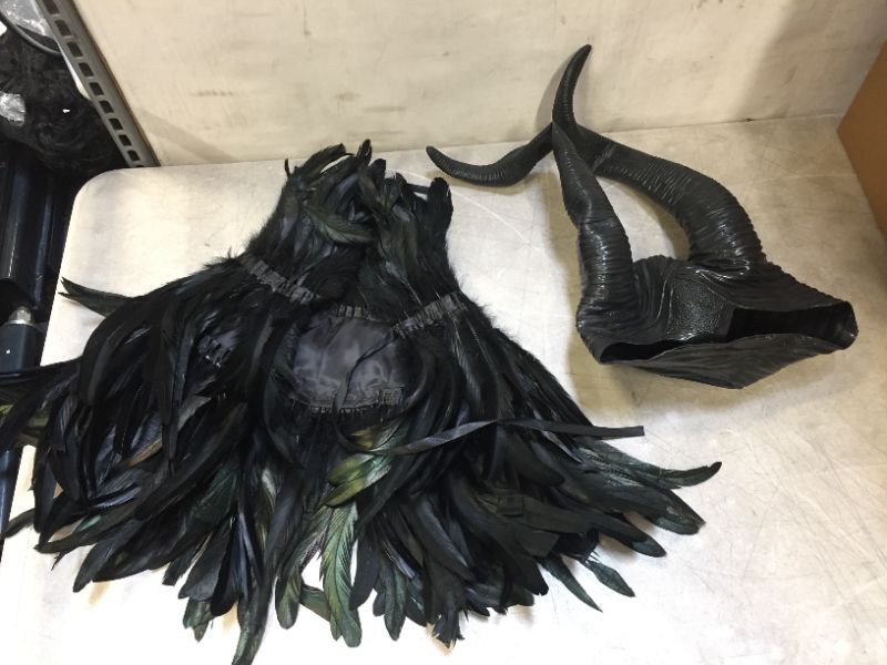 Photo 2 of L'VOW Gothic Black Feather Cape Shawl with Maleficent Horns for Halloween Crow Costume
