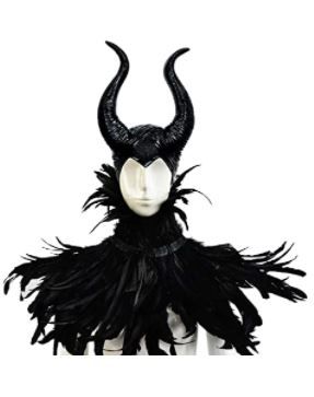 Photo 1 of L'VOW Gothic Black Feather Cape Shawl with Maleficent Horns for Halloween Crow Costume
