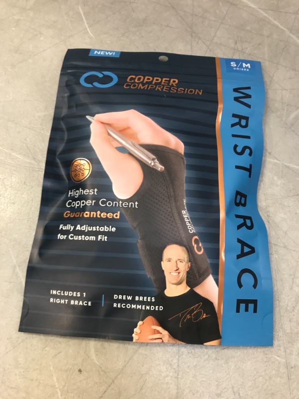 Photo 1 of 1 Copper Compression Recovery Wrist Brace - Guaranteed Highest Copper Content Support for Wrists, Carpal Tunnel, Arthritis, Tendonitis, RSI, Sprain. Night Day Splint for Men Women - Fit Right Hand S-M
