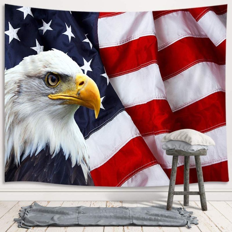 Photo 1 of American Flag Tapestry, USA Bald Eagle Stars and Stripes Flag Hippie Tapestry Wall Hanging for Bedroom, Independence Day Fourth of July Tapestries Poster Blanket College Dorm Home Decor (60X40 Inch)