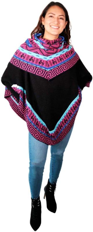 Photo 1 of Mandina Fine Wools / Alpaca Wool Fabric Poncho with Sleeves and Collar with Andean Motifs
