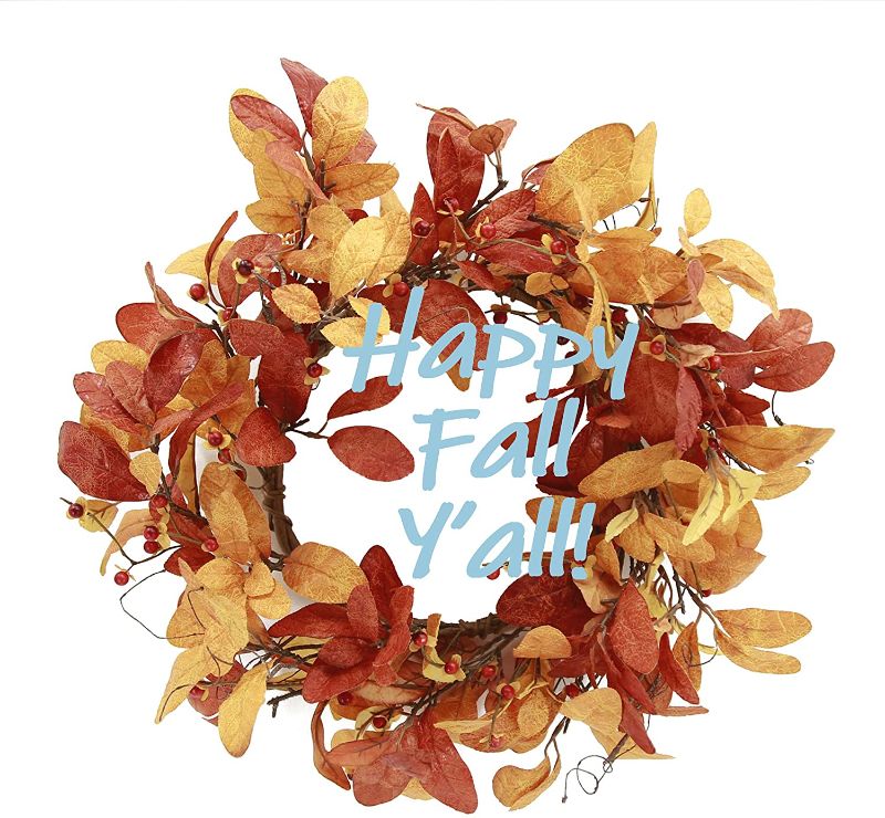 Photo 1 of YNYLCHMX Fall Wreath for Front Door 18” Artificial Autumn Wreath Outside Red Yellow Eucalyptus Leaves Berries Thanksgiving Home Decor Farmhouse Fall Wreath Outdoor Window Wall
