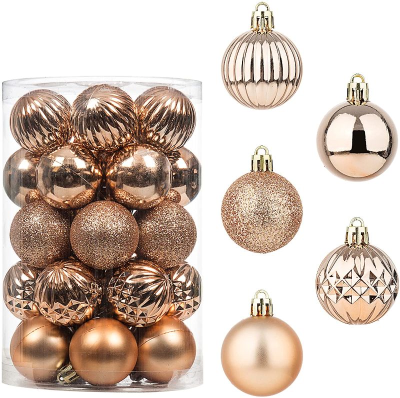 Photo 1 of 34Ct Christmas Ball Ornaments for Xmas Tree Shatterproof Christmas Decorations Hanging Ball Small for Holiday Party Decoration Tree Ornaments (Pinkish Gold, 1.6In)
