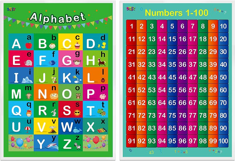 Photo 1 of 2 pack - Alphabet, Numbers 1-100,2 LAMINATED Educational Posters for Toddlers ,17” X 23”
