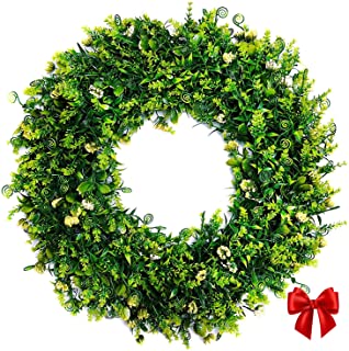 Photo 1 of CARESOME 17" Wreath Green Boxwood Wreath with Bulky Leaves and Weatherproof Flowers for Christmas
