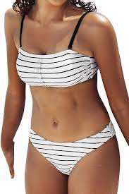 Photo 1 of CUPSHE WOMEN'S WHITE STRIPED HIGH LEG BANDEAU BUTTONS BIKINI SET SIZE SMALL