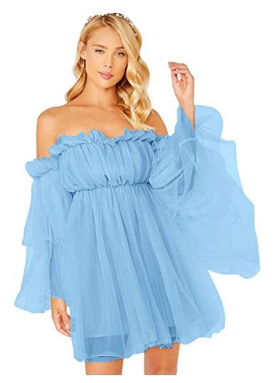 Photo 1 of Romwe Women's Romantic Off Shoulder Flounce Long Sleeve Wedding Ruffle Mesh Party Mini Dress Baby Blue, Small