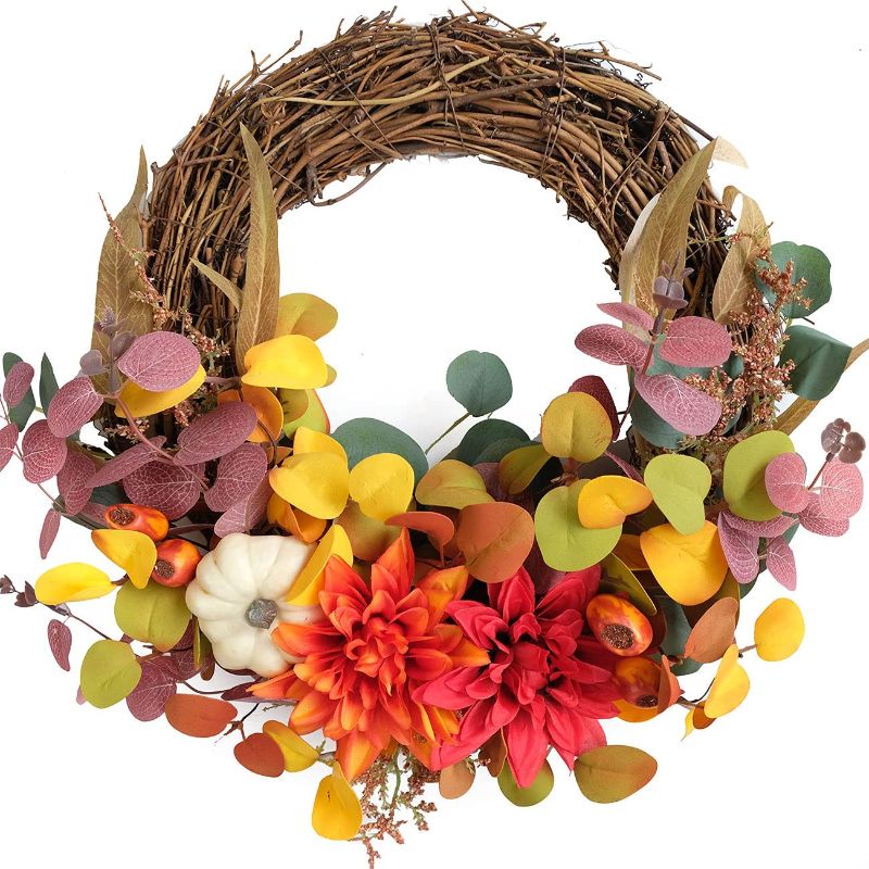Photo 1 of Bibelot 16 inch Artificial Dahlia Flower Wreath with Grapevine Wreath, Leaves and Pumpkin for Front Door Decoration
