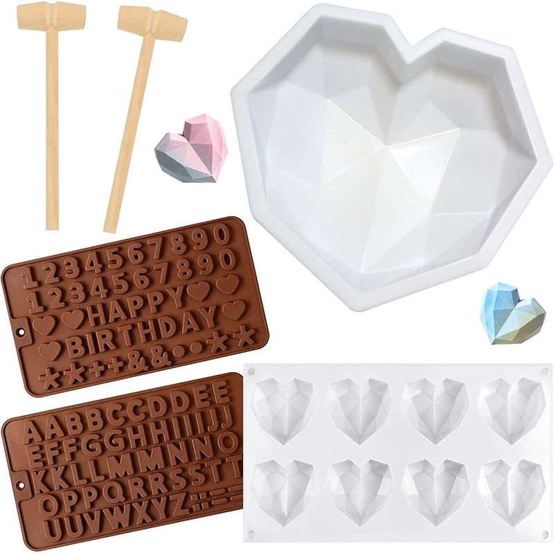 Photo 1 of 2 PACK Aiyola Silicone Cake Pans Mold Diamond Heart Silicone Mold, Large Heart Shape Mold 8 Cavities Heart Mold Tray 2 Pieces Silicone Letter Number Molds and 2 Pieces Hammers for DIY-6 Pieces