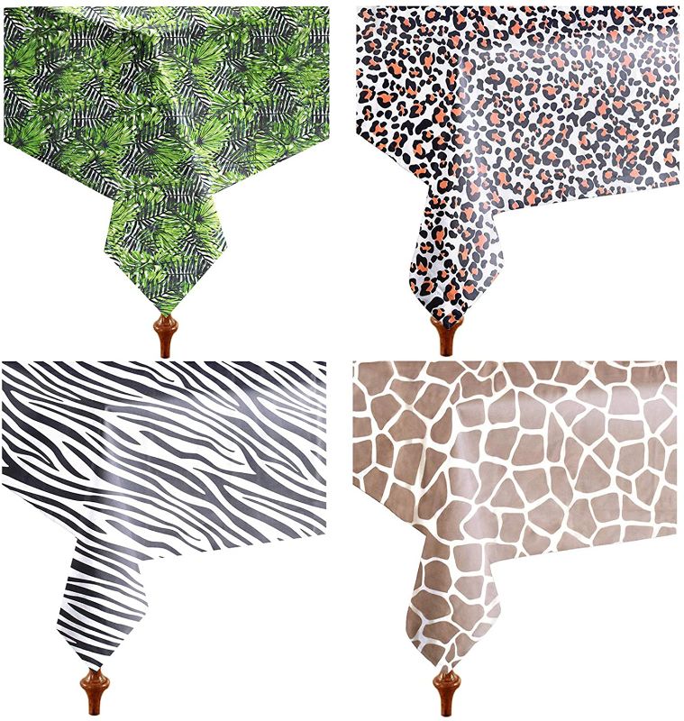 Photo 1 of Cieovo 4 Pack Zoo Print Table Cover, Animal Theme Tablecloth Party Supplies with Leopard, Zebra, Deer , Palm Leaf Print Tablecloth for Zoo Jungle Animal Themed Birthday Baby Showers Party Decorations