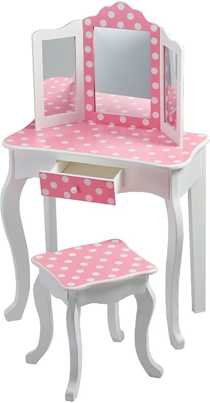 Photo 1 of Teamson Kids Pretend Play Kids Vanity Table and Chair Vanity Set with Mirror Makeup Dressing Table with Drawer Fashion Polka Dot Prints Gisele Play Vanity Set Pink White
