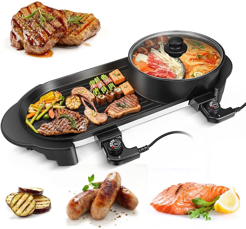 Photo 1 of 2200W Electric Grill with Hot Pot, Multifunctional Indoor BBQ &Shabu Shabu, Dual Temperature Contral 3.6L Capacity for 2-12 People Family/Friend Gathering Party
