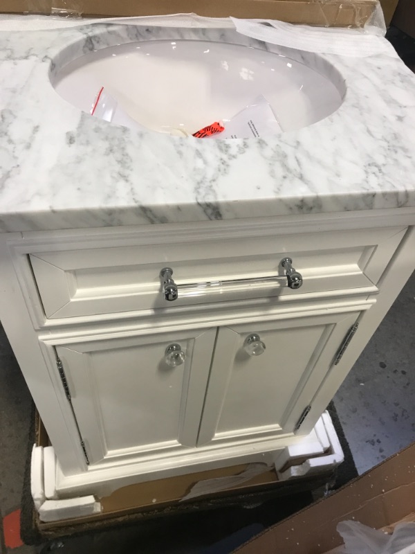 Photo 3 of 24 in. W x 22 in. D x 34 in. H Bath Vanity in White with Marble Vanity Top in Carrara White with White Basin
