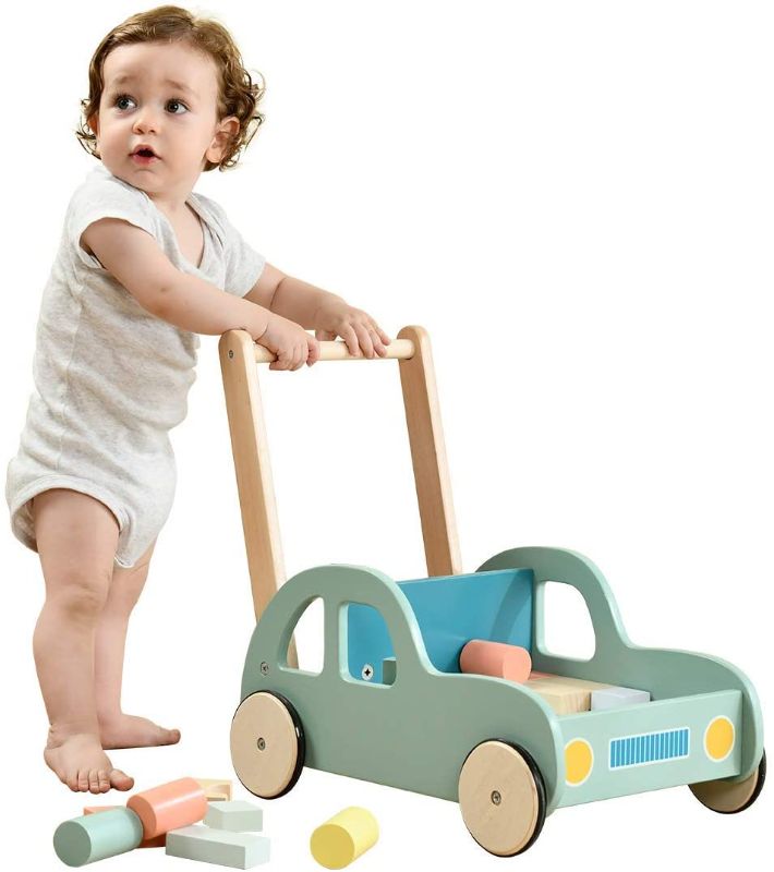 Photo 1 of labebe Baby Wooden Walker with Wheel, Green Car Blocks Trolley, Kid’s Push & Pull Toys for Baby 1-3 Years Toddler Boy & Girl
