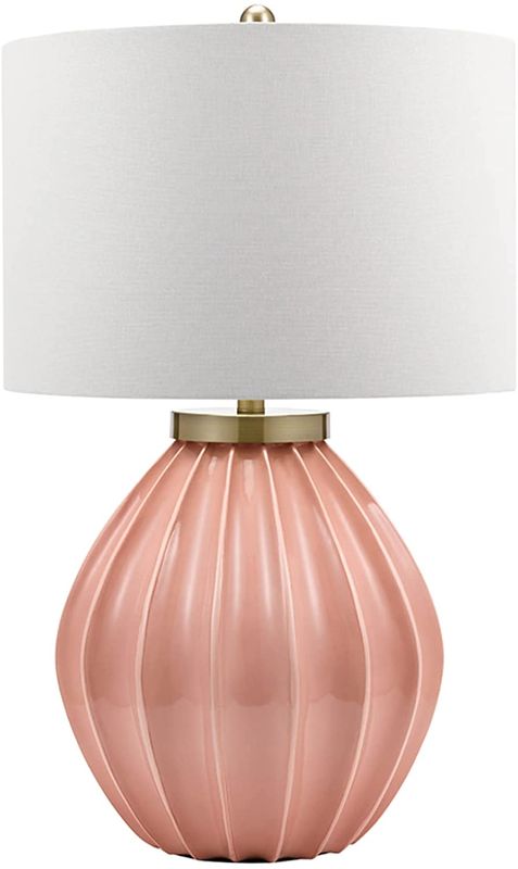 Photo 1 of Catalina Lighting 20897-001 Coastal Sand Poly Resin Table Lamp with Antique Brass Accent, Linen Shade and 3-Way Switch, Bulb Included 30", Pink
