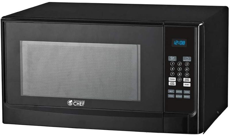 Photo 1 of Commercial Chef CHM14110B6C Countertop Microwave Oven, 1100 Watts, Small Compact Size, 10 Power Levels, 6 Easy One Touch Presets with Popcorn Button, Removable Turntable, Child Lock, Black
