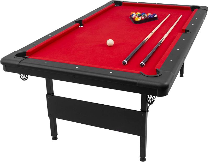 Photo 1 of GoSports 6ft or 7ft Billiards Table - Portable Pool Table - Includes Full Set of Balls, 2 Cue Sticks, Chalk, and Felt Brush; red. 7ft