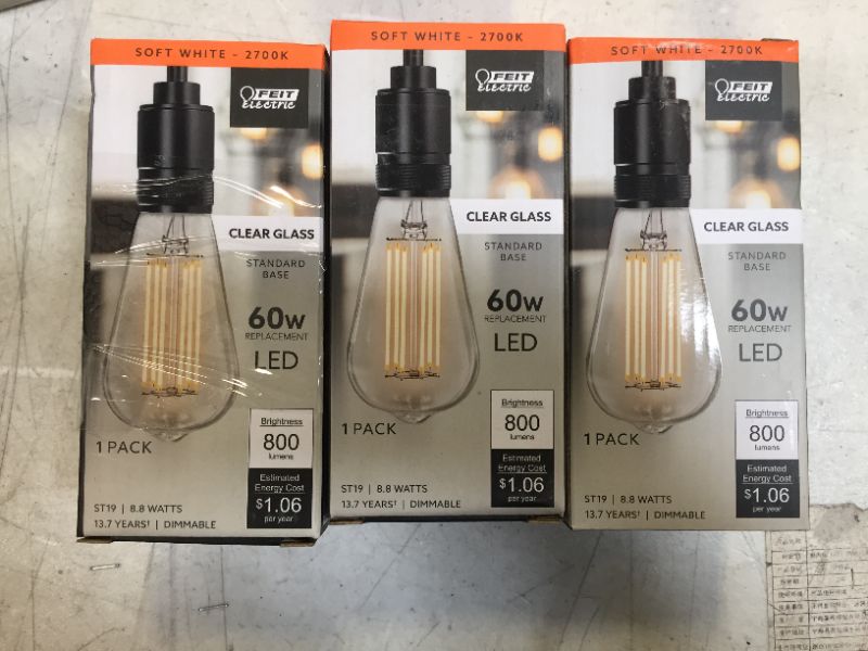 Photo 2 of 60-Watt Equivalent ST19 Dimmable Straight Filament Clear Glass Vintage Edison LED Light Bulb, Soft White 3pk
