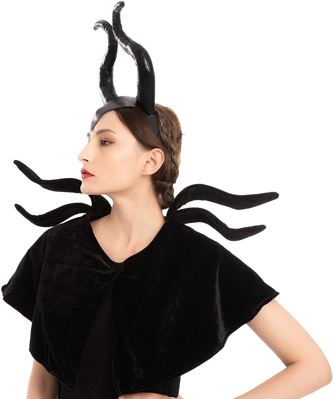 Photo 1 of Black Evil Queen Accessories Set with Maleficent Horns Headband and Shawl for Halloween Cosplay Party Gothic Crow Costume Dress Up
