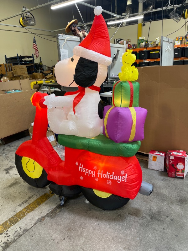 Photo 2 of 6 ft Pre-Lit LED Airblown Peanuts Snoopy with Woodstock on Moped Scene Christmas Inflatable