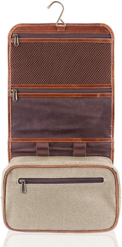 Photo 2 of Hanging Toiletry Bag Womens & Men’s Travel Toiletries Bags – Full Grain Buffalo Leather & Green Canvas Toiletry Bags for Traveling – Foldable & Hangable, Multi-Pocket, Brass Hook & YKK Zippers
