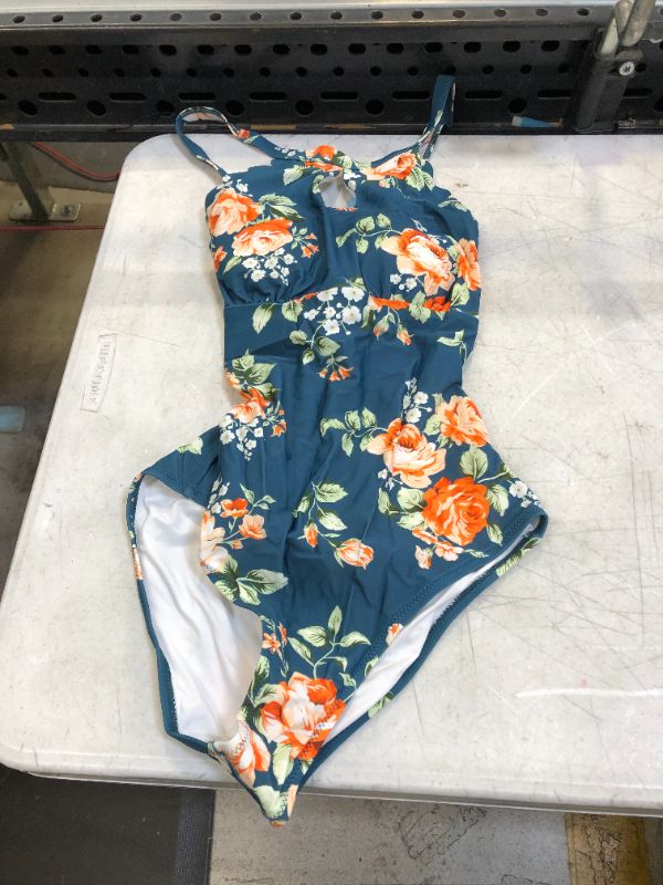 Photo 2 of CUPSHE Teal Floral Scalloped One Piece Swimsuit-MEDIUM