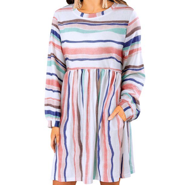 Photo 1 of ZXZY Women Stripe Printed Round Neck Short Sleeves Mini Dress with Pockets-LARGE
