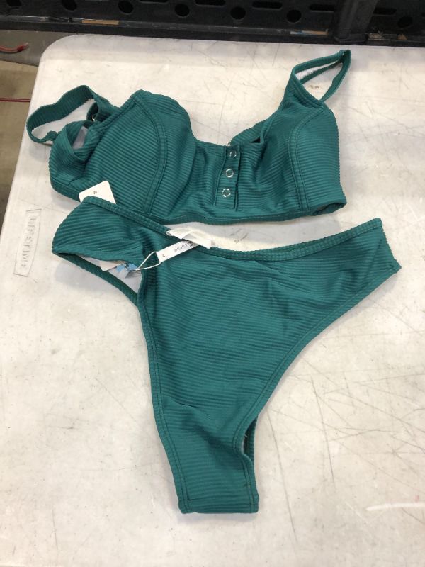 Photo 2 of CUPSHE Green Buttoned Wide Straps Mid Rise Bikini-MEDIUM