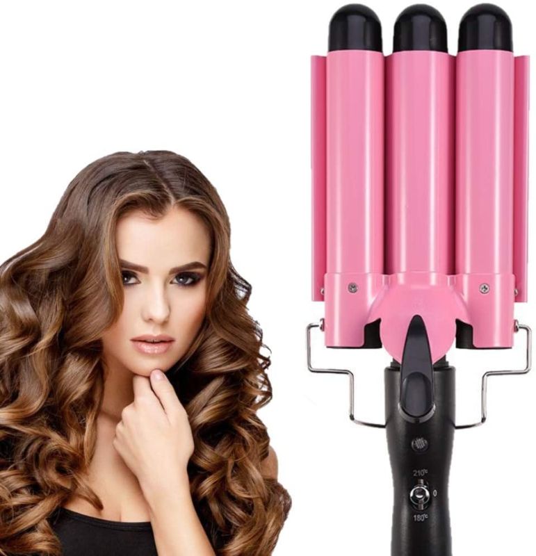 Photo 1 of MODVICA 3 Barrel Curling Iron Wand 26mm Hair Waver Temperature Adjustable Ceramic Hair Curling Iron (Pink)
