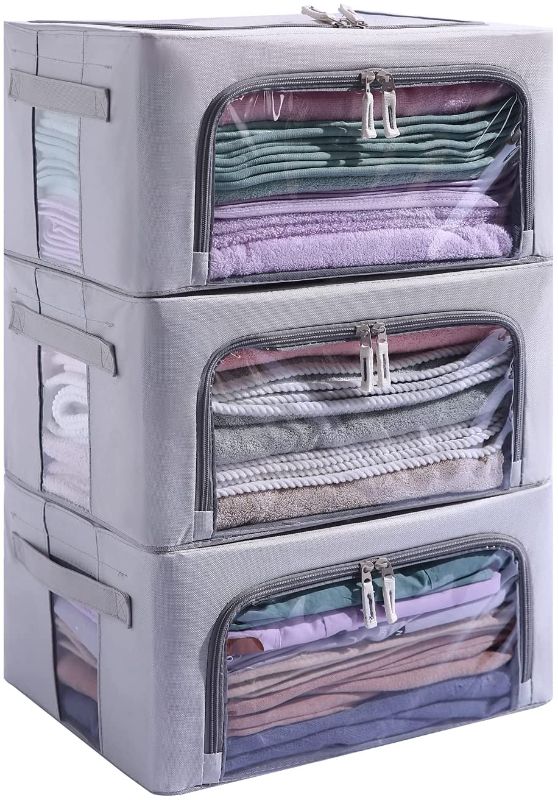 Photo 1 of 3Pack Frame Storage Box - Clothes Storage Bin Bags Oxford Fabric Foldable Stackable Container Organizer Set with Clear Window & Carry Handles Large Capacity Grey