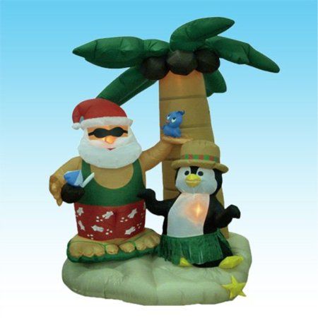 Photo 1 of 7 Foot Inflatable Santa Claus & Penguin on an Island w/ Palm Tree
