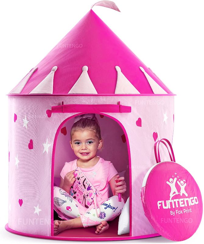 Photo 1 of FoxPrint Princess Castle Play Tent With Glow In The Dark Stars, Conveniently Folds In To A Carrying Case, Your Kids Will Enjoy This Foldable Pop Up Pink Play Tent/House Toy For Indoor and Outdoor Use
