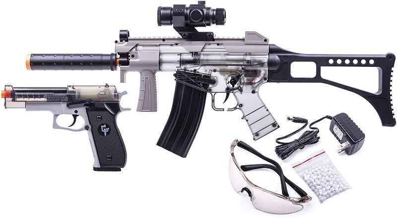 Photo 1 of GAME FACE GFRPKTGS Ghost Affliction Full-Auto Airsoft BB Rifle And Spring-Powered Pistol Kit With Safety Glasses And BB's, (Grey/Smoke)

