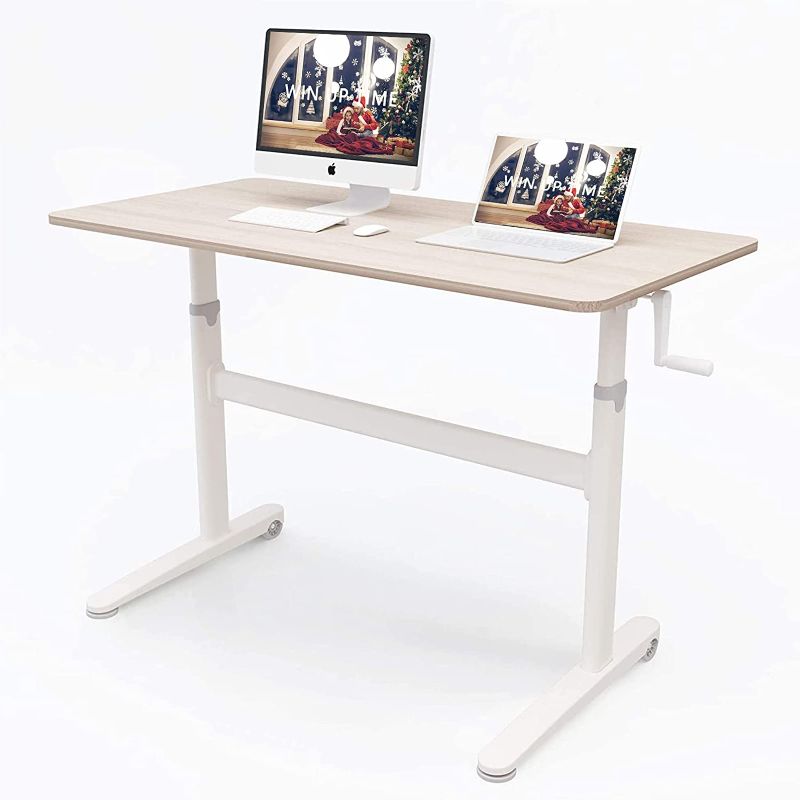 Photo 1 of Win Up Time Height Adjustable Standing Desk- Adjustable Computer Desk, Sit Stand Desk Frame & Top, Manual Stand Up Desk, Great for Office & Home Use, 48 x 24 Inches [120 x 60 cm] White
