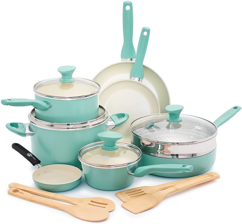 Photo 1 of GreenPan Rio Healthy Ceramic Nonstick, Cookware Pots and Pans Set, 16 Piece, Turquoise
