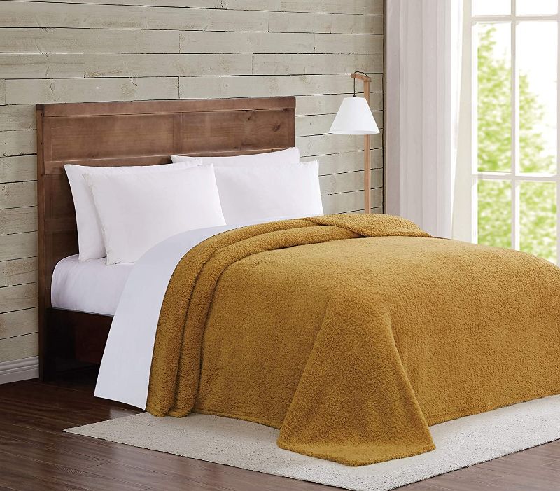 Photo 1 of Brooklyn Loom Marshmallow Sherpa Bed Blanket, Twin XL, Mustard
