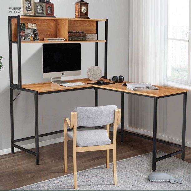 Photo 1 of Yoleny 55 Inch L-Shaped Computer Desk with Hutch,Space-Saving Corner Desk with Storage Shelves,Home Office Desk Study Workstation
