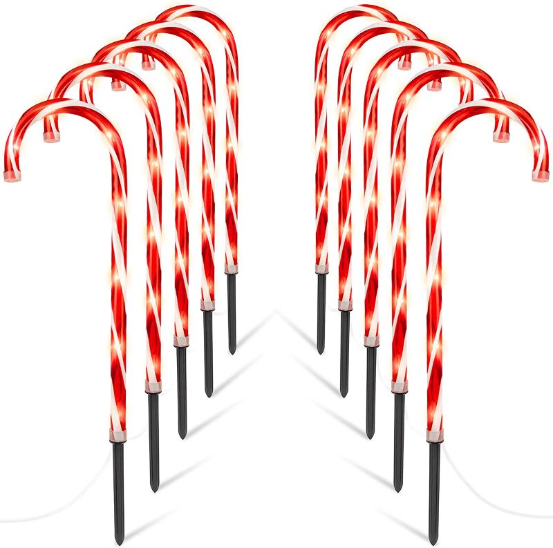 Photo 1 of Candy Cane Pathway Markers Lights with Stake 28 inches Outdoor Christmas Decorations Lights for Holiday Xmas Indoor Yard Patio Garden Walkway, 10 Packs

