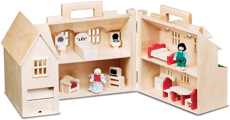 Photo 1 of Melissa & Doug Fold & Go Wooden Dollhouse With 2 Play Figures and 11 Pieces of Furniture
